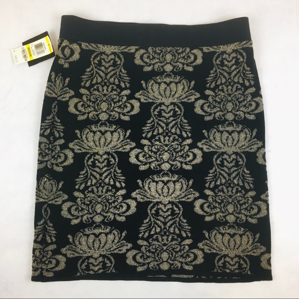 Macy’s Alfani Skirt Medium M Black Gold 32” Waist Stretch Above Knee NWT $69